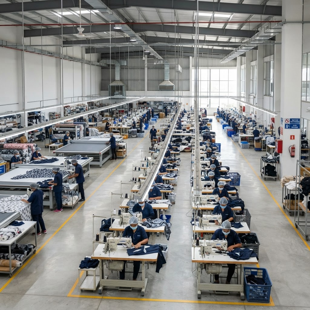 Interior of the NewSight Outdoor manufacturing workshop with industrial sewing lines
