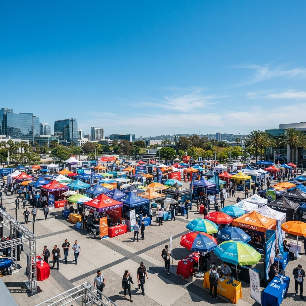 Rows of advertising beach umbrellas and event tents under a clear blue sky